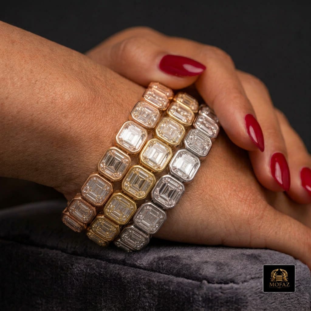 14k gold bracelet with natural emerald-cut diamonds
